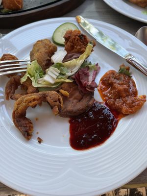 Mix of onion and aubergine beignets with pickleed  at Le Maharaja in Dijon