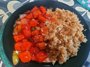 Sliced Tofu in Sweet & Sour Sauce and Fried Rice (plated up at home). at China Hot Chilli Chinese Restaurant in Gwynedd