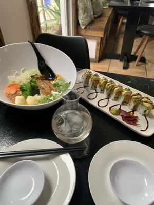 Vegan Habanero lime udon, sake, and vegan dragon roll  at JYOTO in San Pedro
