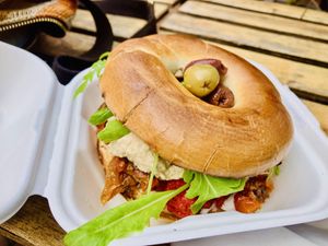 Middle Eastern Mezze…best Vegan Bagel so far…so good 😋  at The Bagel Shop in Sidmouth
