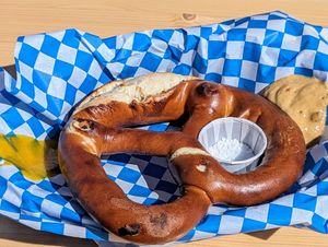 Vegan pretzel with mustard at Munchen Haus in Leavenworth