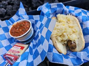 Vegan Chilli and Veggie Dog made vegan w/ sourkraut at Munchen Haus in Leavenworth