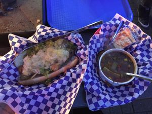 Veggie wurst loaded with brown ale mustard, dill relish, sauerkraut and soup at Munchen Haus in Leavenworth