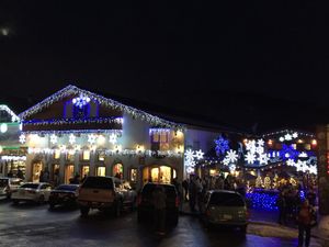 München Haus located on the right with all the snowflakes at Munchen Haus in Leavenworth
