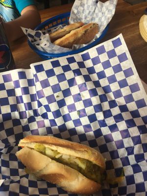 Brats with dill relish and sweet and sour mustard. at Munchen Haus in Leavenworth