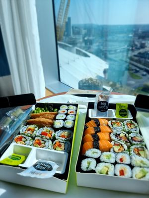 Take away, with view at the O2 (from the hotel room) at Wasabi - O2 in South East London