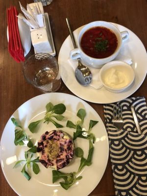 vegan borch and salad at Cafe SOK in Moscow