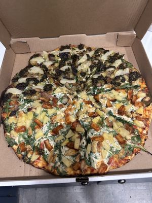 Pesto, pear, potato and half spicy tofu  at Willamette Artisan Pizza in Eugene