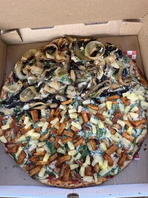 Half with the Balsamic glazed eggplant one and half with the BBQ Tofu one  at Willamette Artisan Pizza in Eugene