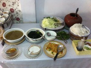 Soup and dessert at Phounsub Restaurant in Vientiane