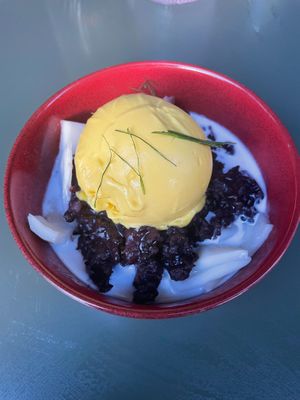 Black Rice pudding with mango sorbet and coconut at Planta Queen - Fort Lauderdale in Fort Lauderdale