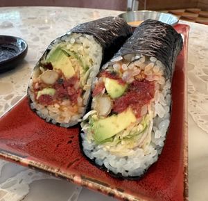 Sushi Burrito, chick’n fried mushrooms, ahi watermelon, avocado, baby gem carrots, ginger   at Planta Queen - Fort Lauderdale in Fort Lauderdale
