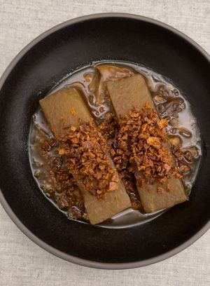 Braised radish with TVP(textured vegan protein) as topping  at JumJumJumJumJumJum - 점점점점점점 in Seoul