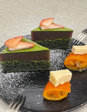 Dessert, Matcha cake & kumquat with vegan butter on top.    at JumJumJumJumJumJum - 점점점점점점 in Seoul