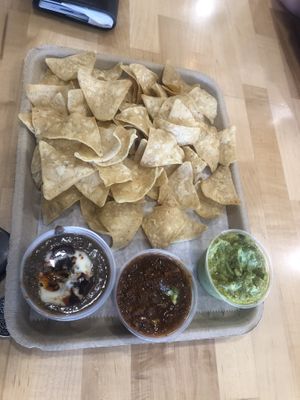 Chips with 3 dips: black bean w/ vegan crema, salsa, and guac   at Tacowala in Somerville