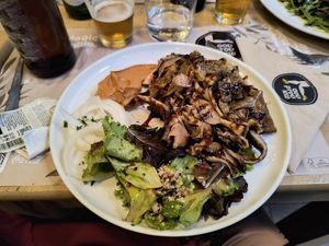 Vegan mushroom gyros with pita bread and paprika sauce at The Kourmpeti - To Koypmtteti in Thessaloniki