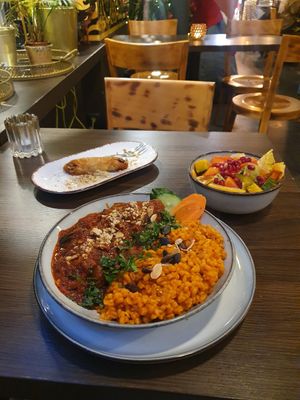 Moussaka with salad and baklava at Mazaya in Krakow