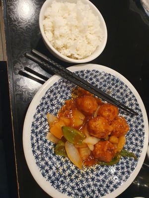 [I had eaten a bit before the photo]"Orange chicken?" Soy protein with rice ordered on the side. at Sairaien in Tokyo