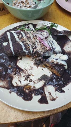 Enfrijoladas veganas deliciosas. Rellena de verduras bañada con queso vegano y frijoles at La Otilia - Polanco in Mexico City