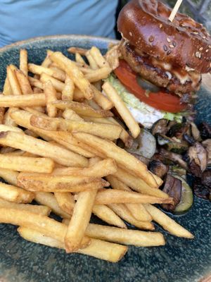 Burger with regular pommes (fries)  at Blauer Fuchs in Freiburg