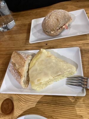 Bocadillo de vuna and tortilla de patata with cheese.  at Veggira in Bilbao