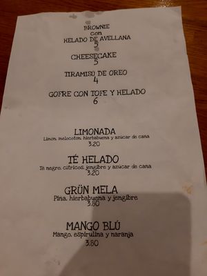 Dessert and drinks menu at Veggira in Bilbao