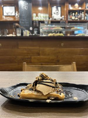 waffle with toffee ice cream  at Veggira in Bilbao