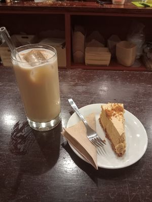 Vegan Biscoff cheesecake + Chai latte. Delish! at Veggira in Bilbao