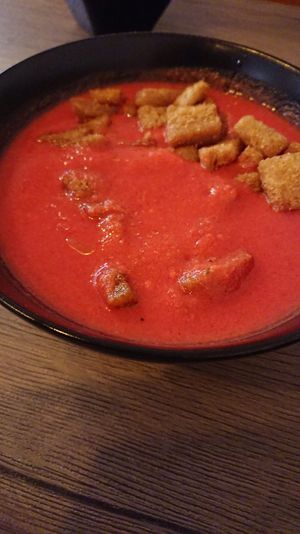 Beetroot salmorejo with croutons. at Veggira in Bilbao