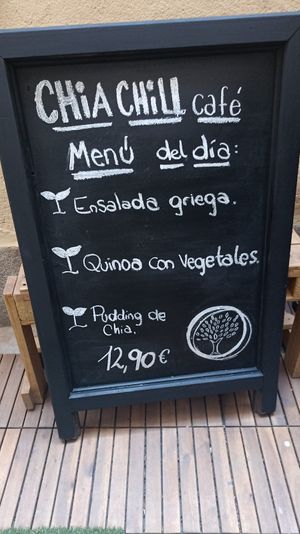 Daily menu, includes starter, main, and desert or coffee. Drink included: Chia-made lemonade or small local beer.  at Chia Chill Café in Madrid