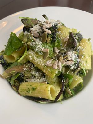 Rigatoni kale pesto pasta at Chia Chill Café in Madrid