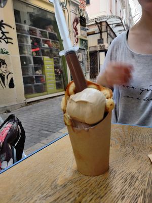 Bubble waffles with ice cream and chocolate shot at Sugar Killer in Athens