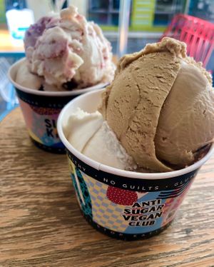 Cheesecake & Stracciatella, and Salted Caramel & Stracciatella - yum!  at Sugar Killer in Athens