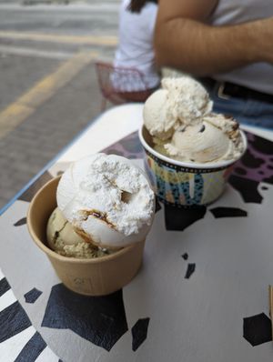 Caramel Panna cotta & pistachio vegan ice-cream at Sugar Killer in Athens