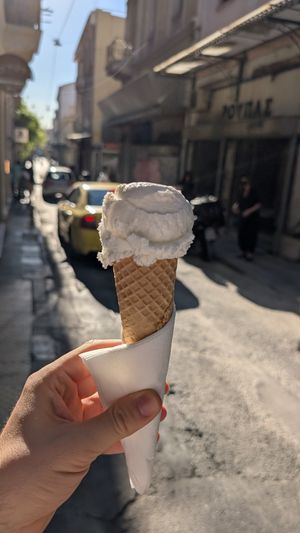 One scoop of Greek yogurt in a cone at Sugar Killer in Athens