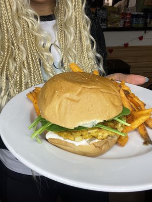 Chkn Jackfruit with sweet potato fries   at Love n Light in St Louis