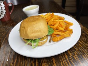 Chkn Jackfruit with sweet potato fries   at Love n Light in St Louis