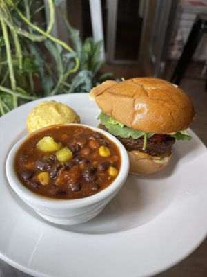 Beyond Burger with cup of chili  at Love n Light in St Louis
