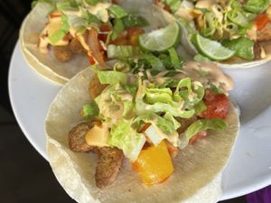 Vegan Cajun shrimp tacos   at Love n Light in St Louis