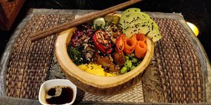 Hawi poke bowl (red rice, tofu, mushroom, avo, mango...,) at Poke Bowl in Koh Chang