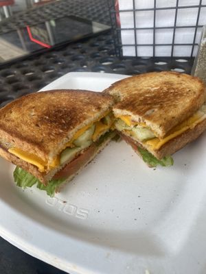 Grilled cheese with vegan American cheese, lettuce tomatoes, pickles on rye bread. Excellent!  at Ye Ole Fashioned Ice Cream & Sandwich Cafe in Mount Pleasant