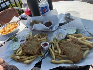 Fish and chip platter; mozzarella sticks; cheesy frie  at Garden Patch by the Sea in Quincy