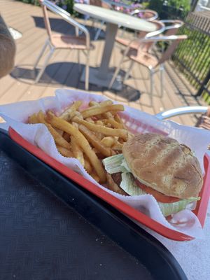 Salmon sandwich with French friess  at Garden Patch by the Sea in Quincy