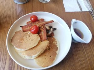 Savory pancake tower (bacon, sausage, sautéed mushrooms) at BIG Sister in Nancy