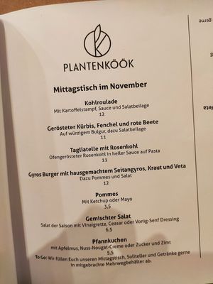 November lunch menu at Plantenköök in Bremen