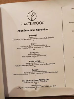 November dinner menu at Plantenköök in Bremen
