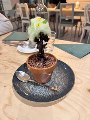 Schichtdessert (Keks, Cheesecake, Apfelkompott, Schoko-Crumble, Schokostamm, Zuckerwatte-Krone)  at Plantenköök in Bremen