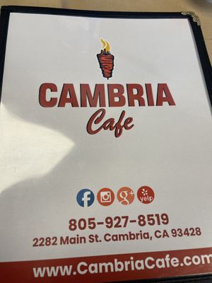 Menu   at Cambria Cafe in Cambria