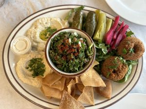 The falafels are light and puffy, everything is made in house. This is the vegetarian (vegan) platter. We also got daba beans and coriander potatoes with garlic sauce.  at Cambria Cafe in Cambria