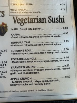 Vegetarian sushi menu  at Sushi Spot McKinleyville in Mckinleyville